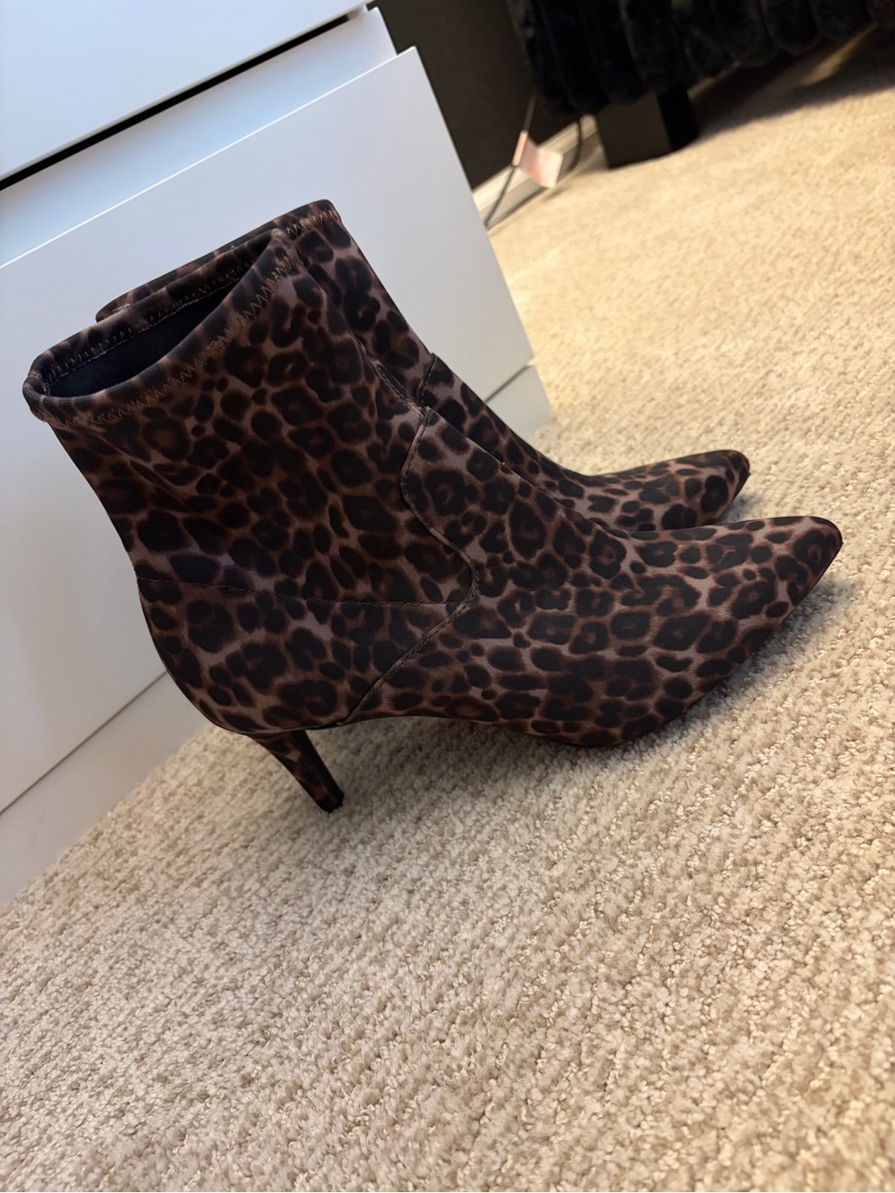1901 Leopard Print Pointed Toe Ankle Boots in Brown and Black